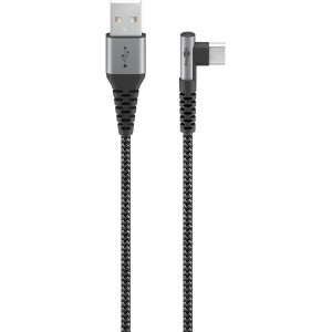 Câble Textile USB-C™ vers USB-A avec Fiches Métalliques (Gris Sidéral/Argent), 90°, 2 m